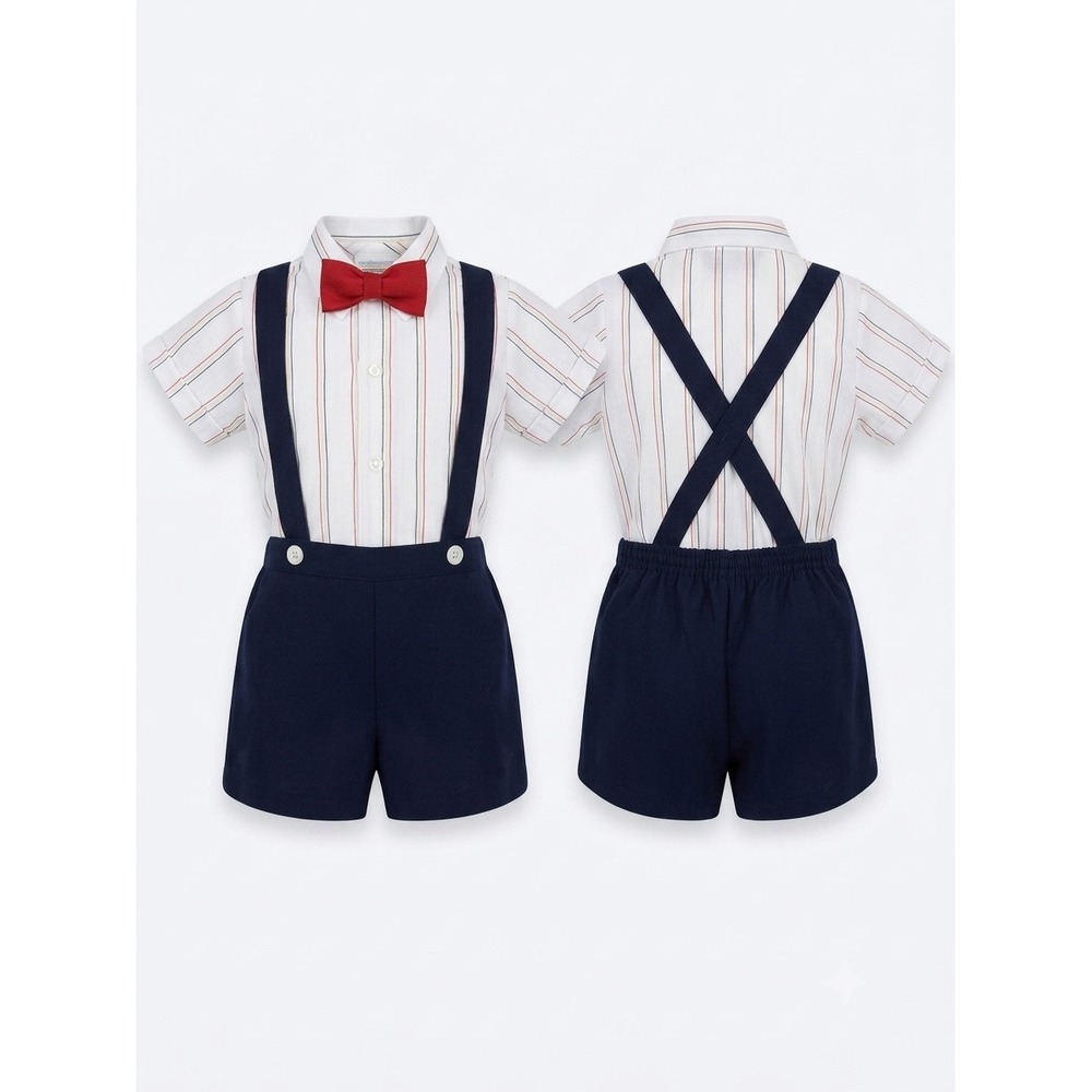 Mothercare Vintage Boys Suspenders Shorts Shirt Bow Tie Set Navy Red Stripe 24M